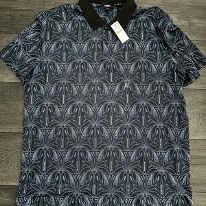 Express Blue and Black Polo Shirt with Palm Tree Pattern